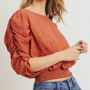 Paper Crane Cottagecore Smocked Waist Blouse  Shirring Puff Sleeves Size L